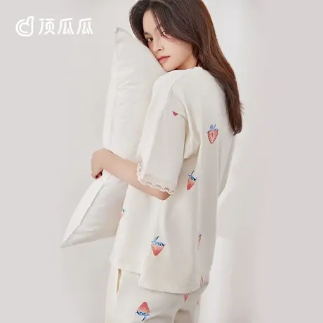 顶瓜瓜纯棉套头 夏季睡衣女2022新款印花短袖 袖口蕾丝边家居服商品大图