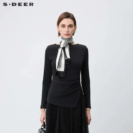 sdeer圣迪奥女装一字领压褶开叉不规则长袖T恤S23480204商品大图