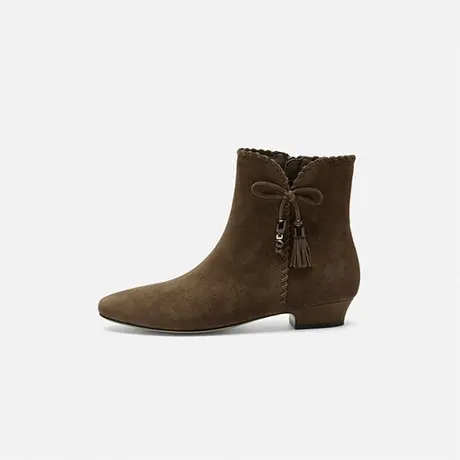 奥莱专供Nine West/玖熙2025年冬季短靴女尖头绒面流苏蝶舞时装靴图片