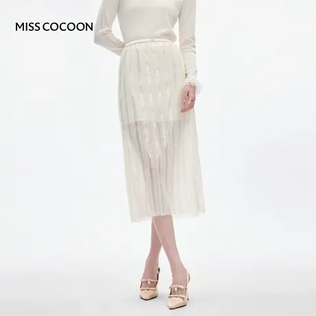 MISSCOCOON可可尼白色亮片半身裙女2025冬季新款千金蕾丝直筒裙图片
