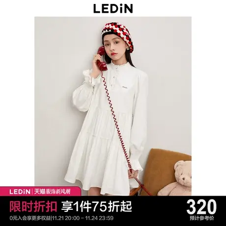 乐町甜美娃娃衬衫裙2023年秋季新款女精致木耳边抽褶泡泡袖连衣裙图片