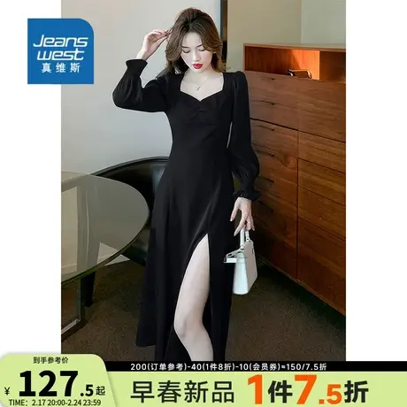 GE真维斯连衣裙女装春秋季V领长袖连衣裙气质显瘦洋气开衩裙子女图片