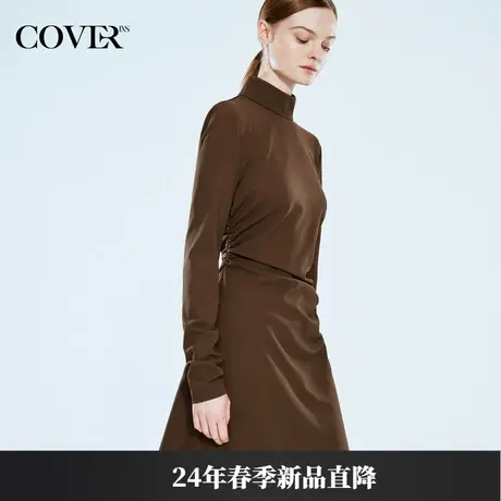 COVER2024春款修身小高领收腰不对称连衣裙图片