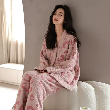 婷美半边绒睡衣女秋冬季开衫加厚加绒睡衣珊瑚绒家居服秋冬天套装图片