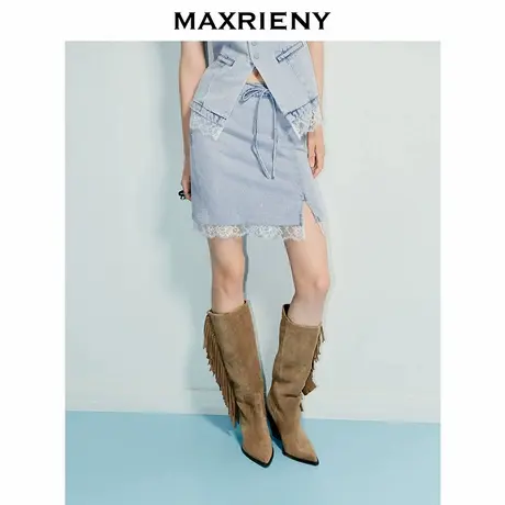 【奥莱】MAXRIENY率性都市风直通开叉半裙水洗牛仔短裙图片