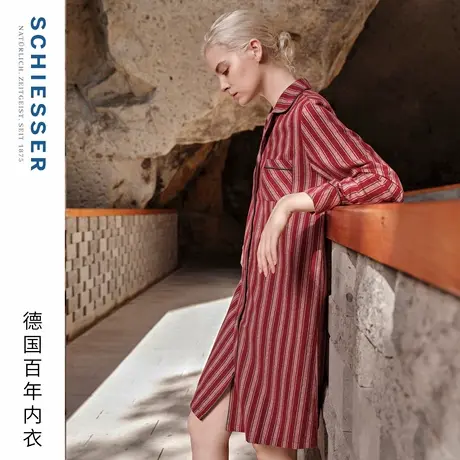 SCHIESSER舒雅25早秋新品女士纯棉翻领开衫条纹大码睡裙家居服图片