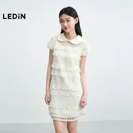 乐町蕾丝花边连衣裙女2025年夏季新款宽松缎面领口千金感短款裙子图片
