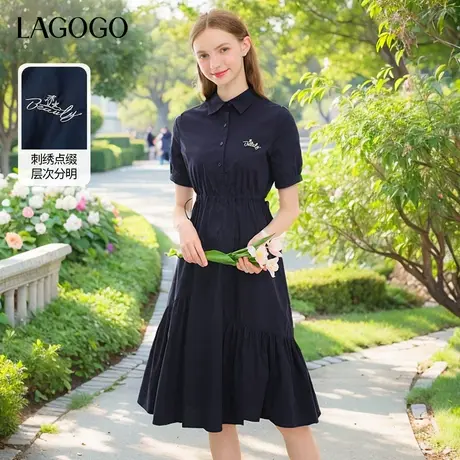 LAGOGO学院风不规则短袖衬衫裙女拉谷谷夏季新款藏青色收腰连衣裙图片