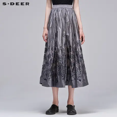 sdeer圣迪奥2019夏装女装挺括抽丝绣花毛边半身长裙S17281187图片
