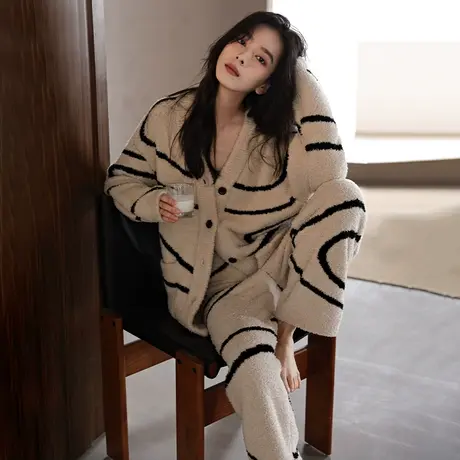 婷美冬季睡衣女半边绒开衫2023年新款珊瑚绒高颜值家居服加厚套装图片