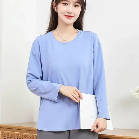 新款带胸垫睡衣女上衣单件长袖T恤宽松休闲纯色秋冬圆领家居服商品大图