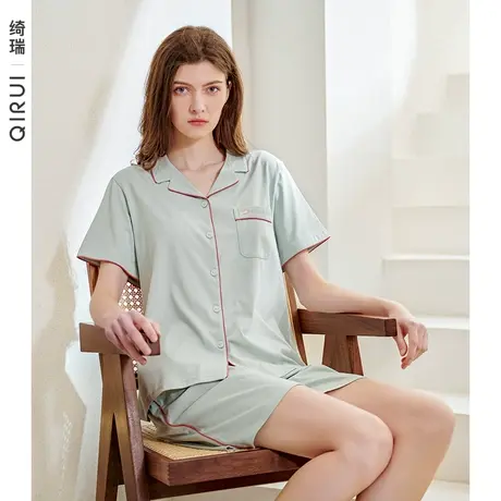 绮瑞睡衣女夏季纯棉短袖短裤简约套装女士薄款休闲开衫家居服夏款图片
