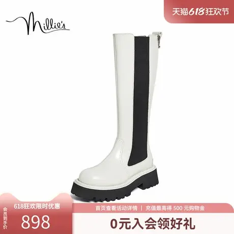 millie's妙丽时尚酷飒简约牛皮方头骑士靴女长靴2398CDG3图片