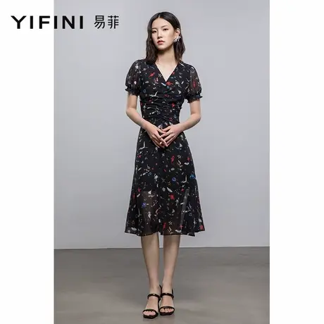 Yifini/易菲V领优雅碎花鱼尾连衣裙法式气质中长款裙夏季新款图片
