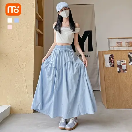 蓝色半身裙女2025新款小个子长款高级感超好看a字刺绣花朵裙子图片
