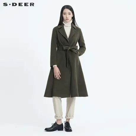 sdeer圣迪奥女装冬装时尚翻领收腰拼接长款毛呢大衣外套S20461803图片