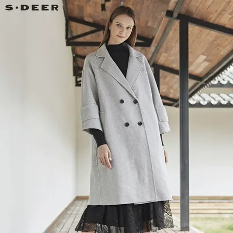 sdeer圣迪奥秋冬简约平驳领落肩长款中袖毛呢大衣女S18461874图片