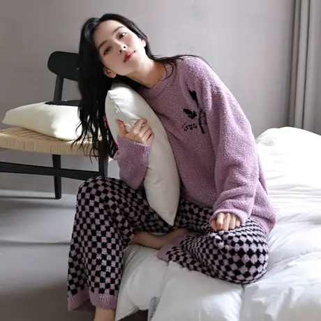 婷美珊瑚绒睡衣女秋冬款长袖加厚加绒睡衣半边绒冬季家居服两件套图片