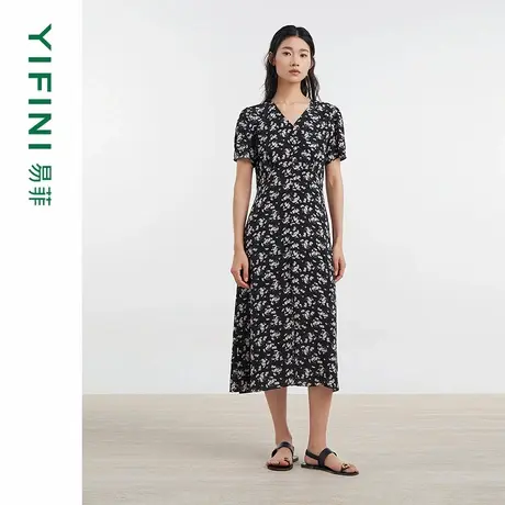 [专柜同款]Yifini/易菲优雅气质法式复古100%真丝收腰显瘦连衣裙图片