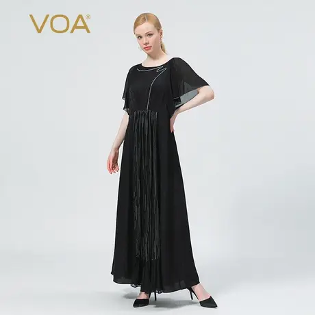 VOA真丝提花黑色圆领荷叶短袖明线装饰褶皱撞料拼接桑蚕丝连衣裙图片