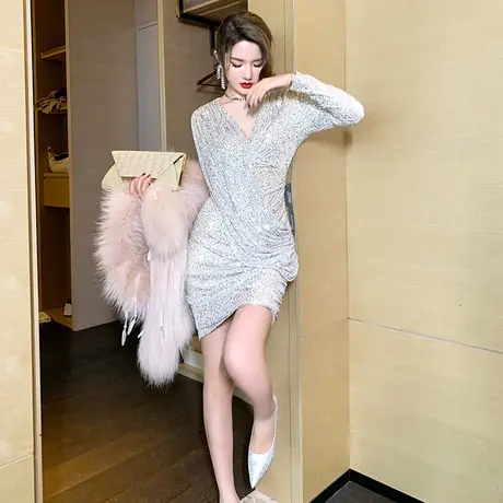重工亮片连衣裙新款气质轻奢名媛聚会小礼服女修身显瘦包臀短裙子图片