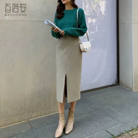 百洛安气质高腰半身裙女显瘦包臀裙春装新款时尚设计感开叉中长裙图片