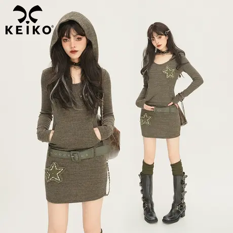 KEIKO 连帽针织连衣裙2023秋冬季复古辣妹修身显瘦短款包臀裙子图片