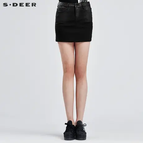 sdeer圣迪奥女夏装酷感纯黑铆钉半身裙S16281335图片