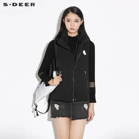 sdeer圣迪奥女装春秋装时尚立领撞色字母抽绳无袖马甲S21381601商品大图