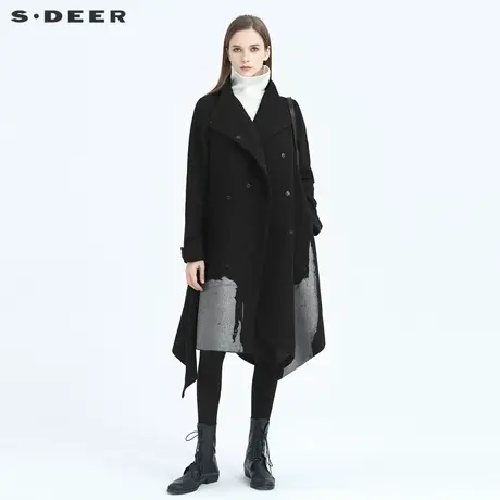 sdeer圣迪奥冬季立领胶印不规则拼接长款毛呢大衣女S20481837图片