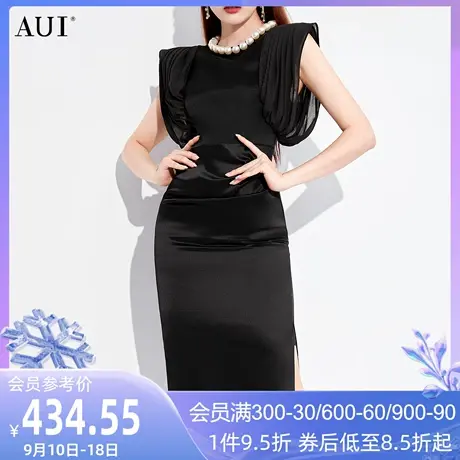 AUI黑色名媛气质修身连衣裙女2023夏新款高冷御姐收腰包臀中长裙图片