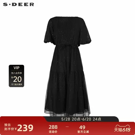 sdeer圣迪奥女装圆领风琴褶收腰网纱泡泡袖连衣裙S242Z12K9图片