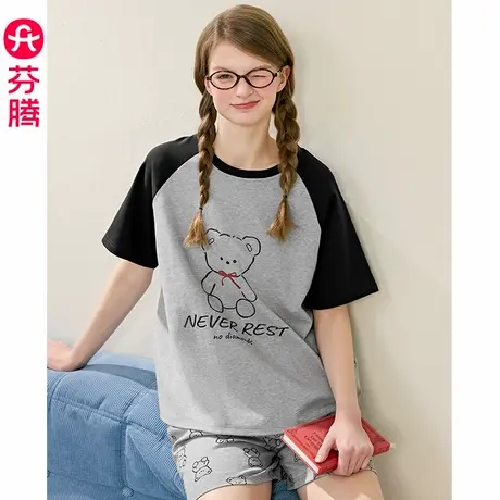 芬腾纯棉睡衣女夏天短袖短裤薄款可爱少女大码休闲夏季家居服套装图片