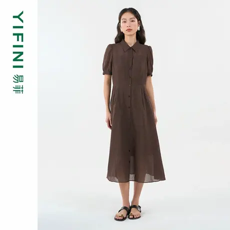 [专柜同款]Yifini/易菲泡泡袖小翻领衬衫裙女气质短袖连衣裙女夏图片