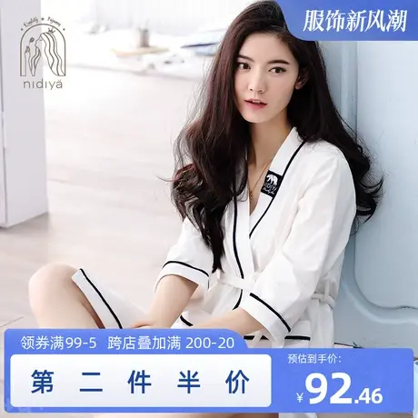 妮狄娅性感睡衣睡袍女春夏纯棉七分袖白色浴袍男家居服春秋季浴衣图片