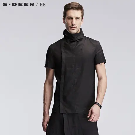 S.Deer/He【新品】圣迪奥纯色立领透气苎麻圆摆短袖上衣H14270436图片