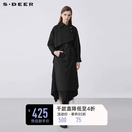 sdeer圣迪奥女装春装休闲翻领拼接收腰双排扣长款风衣S21381805图片