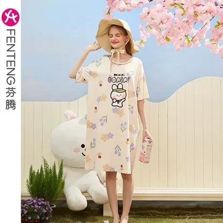芬腾布朗熊睡裙女纯棉短袖睡衣夏季薄款可爱卡通宽松中长裙家居服图片