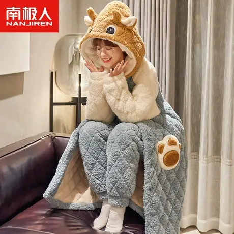 南极人珊瑚绒睡衣女冬加厚三层夹棉连帽卡通法兰绒秋冬睡袍家居服商品大图