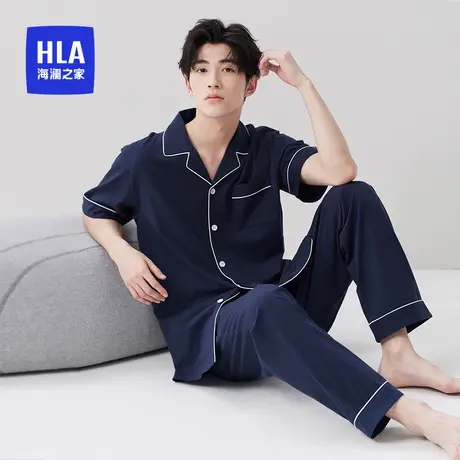 HLA/海澜之家男士青年纯棉3A抑菌翻领短袖长裤夏季休闲家居服套装图片