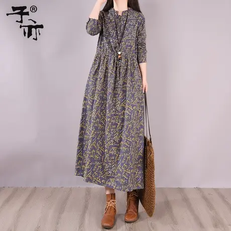 子亦春秋新款碎花大码长款休闲宽松气质收腰系带长袖连衣裙图片