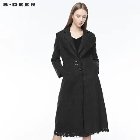 sdeer圣迪奥女装冬装平驳领胸针不规则镂空黑色毛呢大衣S19481822图片