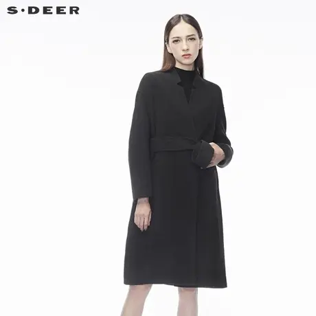 sdeer圣迪奥冬装优雅流畅剪裁落肩腰带立领毛呢大衣女S18481818图片