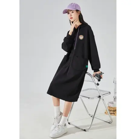[迪士尼联名]唐狮黑色休闲卫衣连衣裙女秋新连帽长款卫衣裙q1图片