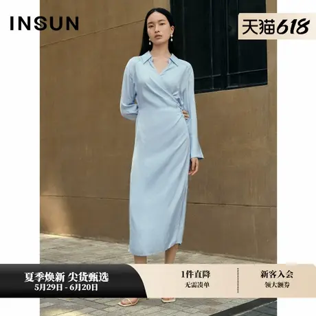 INSUN恩裳专选夏季气质翻领三醋酸捏褶连衣裙图片