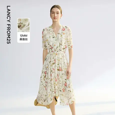 朗姿桑蚕丝v领高腰a字碎花裙2025年夏季新款高级感气质中长连衣裙图片
