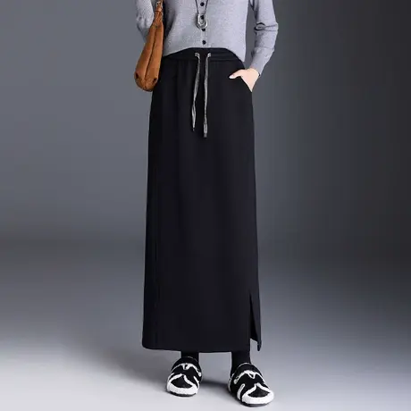 2025秋季新款松紧腰开叉直筒长裙半身裙子女高腰显瘦休闲裙一步裙图片