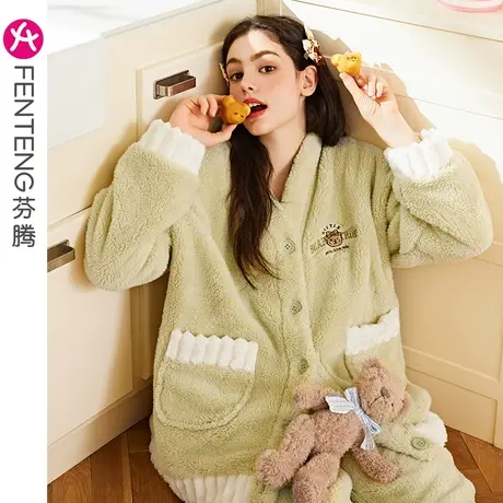 芬腾珊瑚绒睡衣女秋冬保暖加厚加绒法兰绒V领宽松大码家居服套装图片