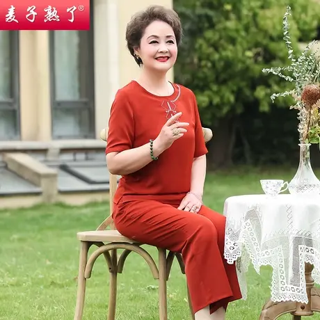 妈妈夏装雪纺两件套装洋气春夏新款短袖T恤上衣裤子中老年人女装商品大图