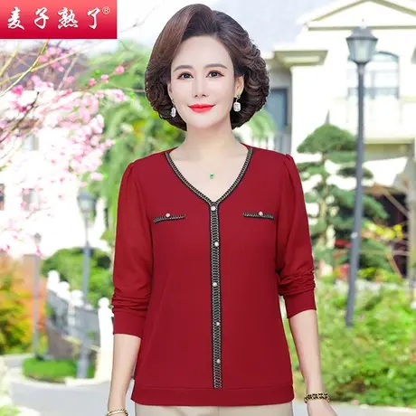妈妈春装洋气长袖针织上衣服春秋打底小衫 中老年女装T恤阔太太商品大图